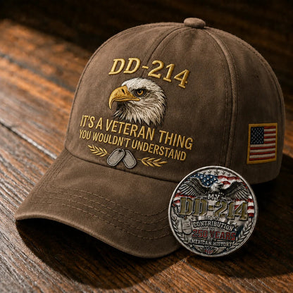 DD-214 Veteran 3D Embroidered Cap -🎁 Free Honor Coin With Every Cap Purchase