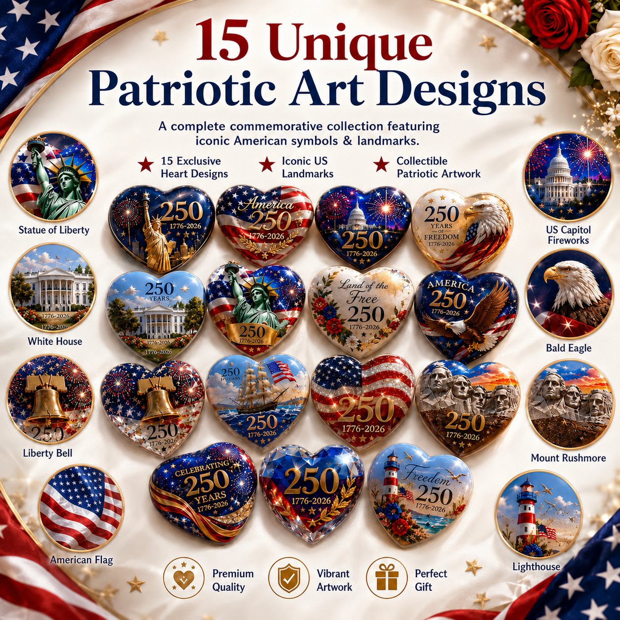 America 250th Anniversary Heart Ornament Collection | 15-PieceSet