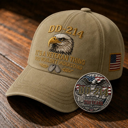 DD-214 Veteran 3D Embroidered Cap -🎁 Free Honor Coin With Every Cap Purchase