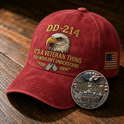 DD-214 Veteran 3D Embroidered Cap -🎁 Free Honor Coin With Every Cap Purchase