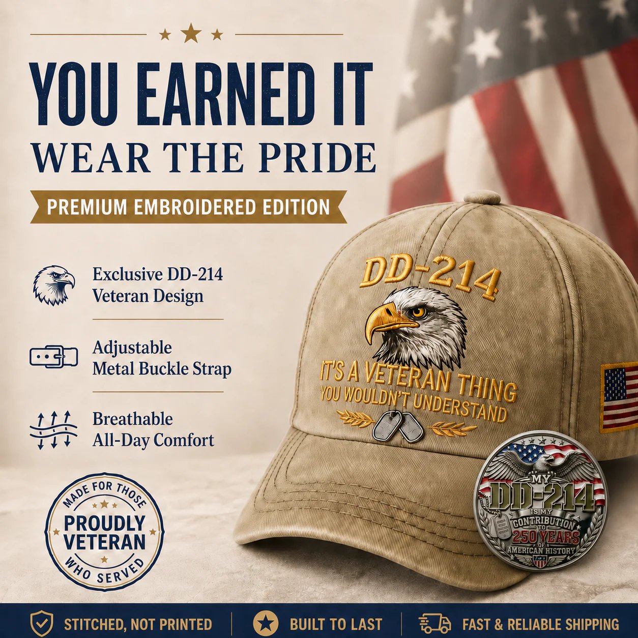 DD-214 Veteran 3D Embroidered Cap -🎁 Free Honor Coin With Every Cap Purchase