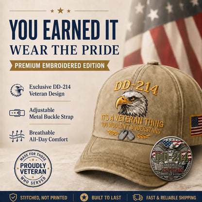 DD-214 Veteran 3D Embroidered Cap -🎁 Free Honor Coin With Every Cap Purchase
