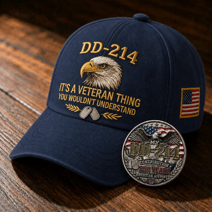 DD-214 Veteran 3D Embroidered Cap -🎁 Free Honor Coin With Every Cap Purchase