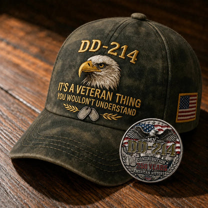 DD-214 Veteran 3D Embroidered Cap -🎁 Free Honor Coin With Every Cap Purchase