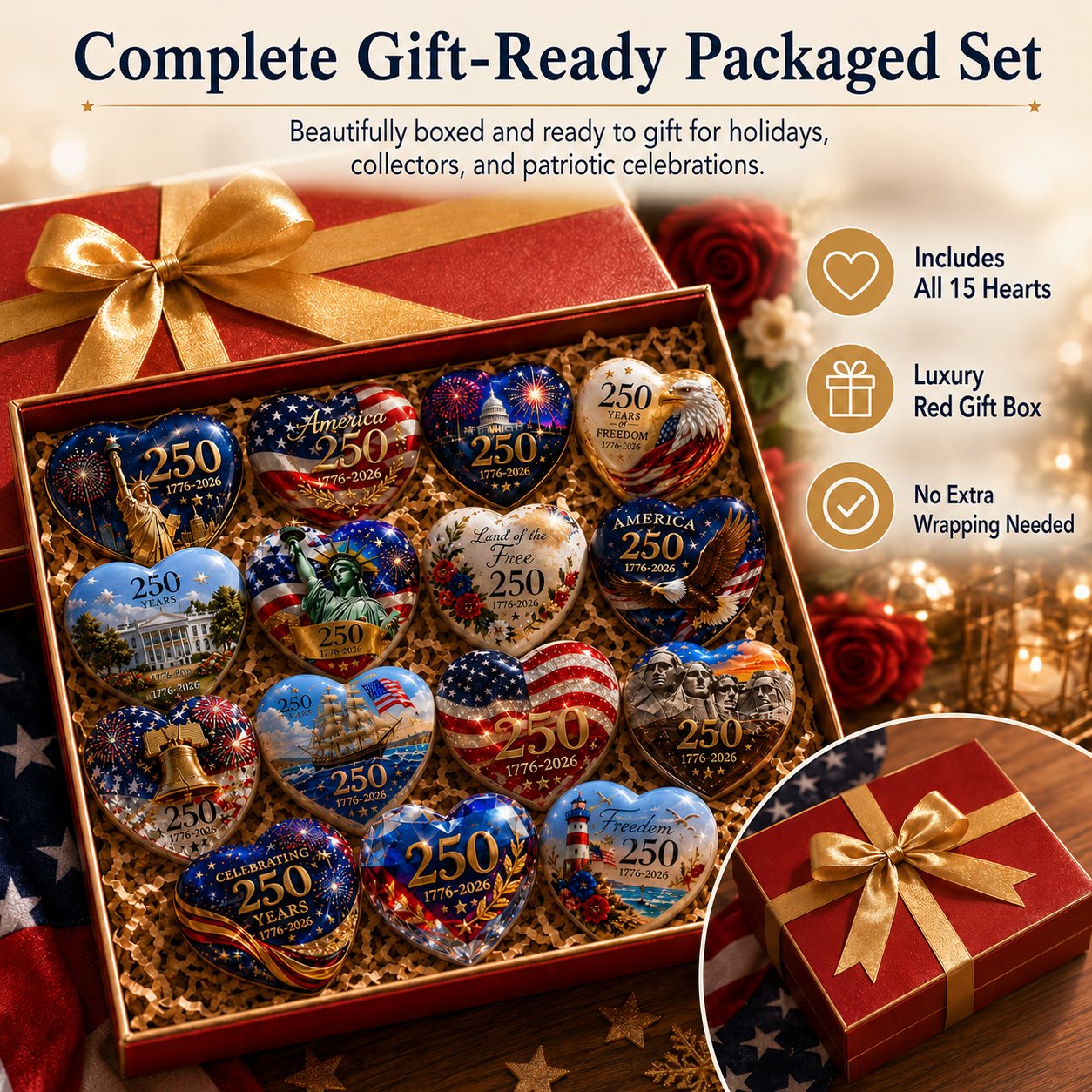America 250th Anniversary Heart Ornament Collection | 15-PieceSet
